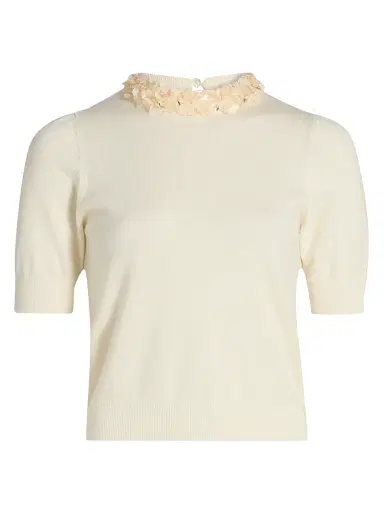 Ulla Johnson Women's Jude Embellished-Trim Merino Wool Short-Sleeve Top - Pearled Ivory - Size XL | Thumbnail 1 Ulla Johnson Women's Jude Embellished-Trim Merino Wool Short-Sleeve Top - Pearled Ivory - Size XL | Thumbnail 1