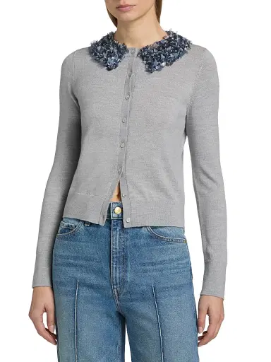 Ulla Johnson Women's Anna Embellished-Collar Merino Wool Cardigan - Ash - Size Large | Thumbnail 3