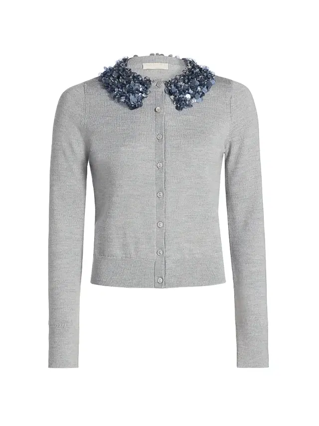 Women's Anna Embellished-Collar Merino Wool Cardigan - Ash
