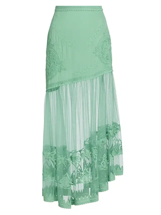 Ulla Johnson Women's Elspeth Floral-Embroidered Sheer Silk Midi-Skirt - Arctic