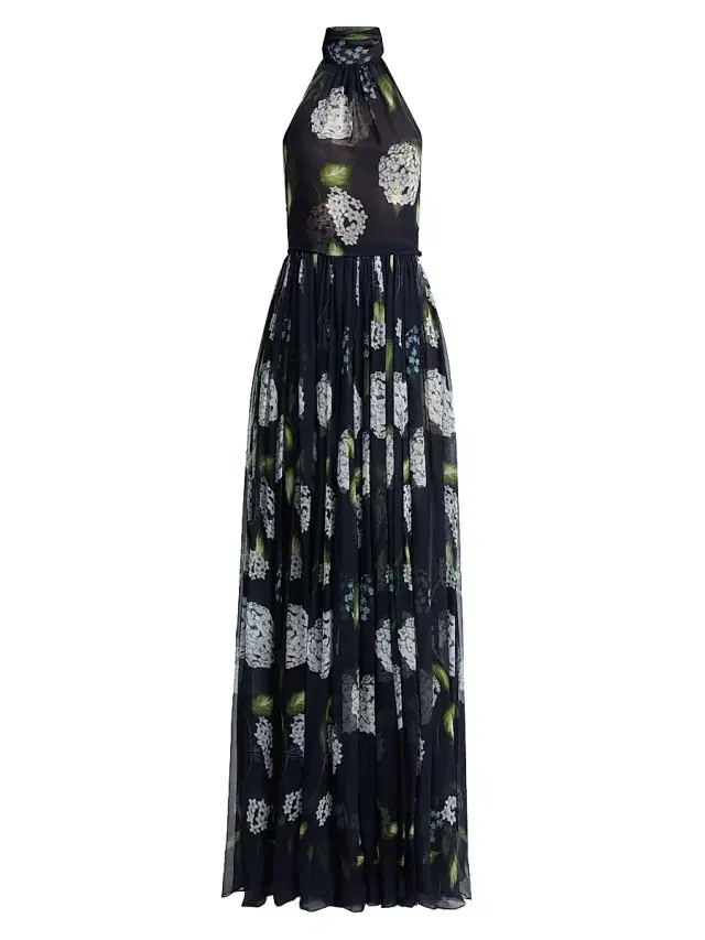 Oscar de la Renta Women's Metallic Lace Illusion Cape Gown - Denim Navy