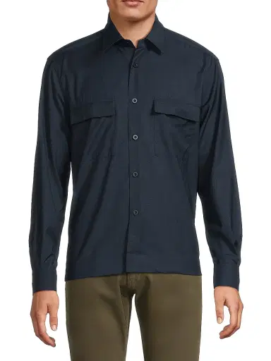 Saks Fifth Avenue Men's COLLECTION Solid Wool Woven Overshirt - Navy | Thumbnail 3