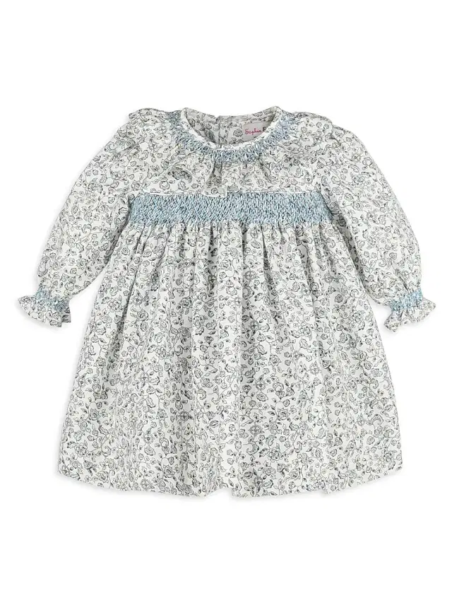 Luli & Me Baby Girl's Floral Cotton Long-Sleeve Dress - Blue 24 Months