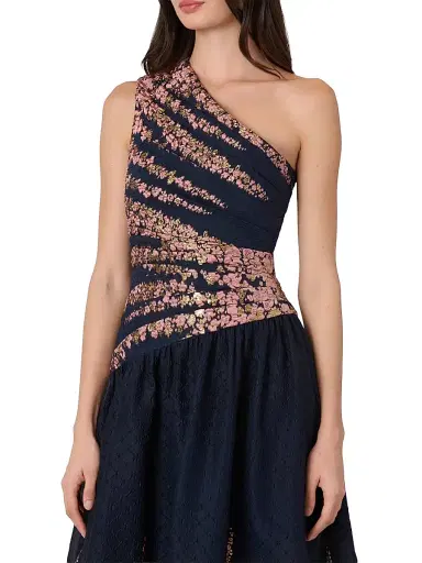 Shoshanna Women's Henderson One-Shoulder Cocktail Dress - Navy Coral Gold - Size 12 | Thumbnail 4