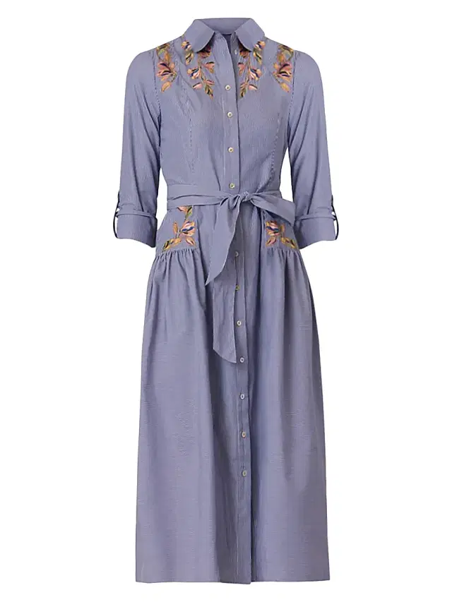 Shoshanna Women's Caldwell Embroidered Pinstriped Shirtdress - Lapis Multi