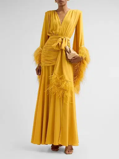Bronx and Banco Women's Geisha Ruched Feather-Trimmed Maxi Dress - Mustard | Thumbnail 2