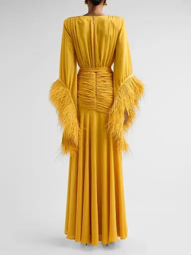 Bronx and Banco Women's Geisha Ruched Feather-Trimmed Maxi Dress - Mustard | Thumbnail 3