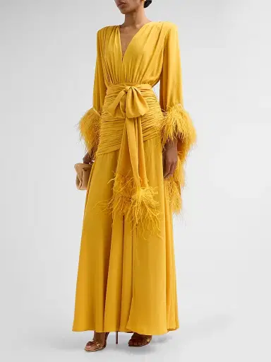 Bronx and Banco Women's Geisha Ruched Feather-Trimmed Maxi Dress - Mustard | Thumbnail 4
