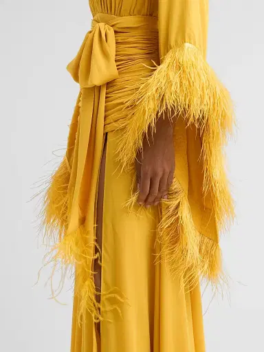 Bronx and Banco Women's Geisha Ruched Feather-Trimmed Maxi Dress - Mustard | Thumbnail 5