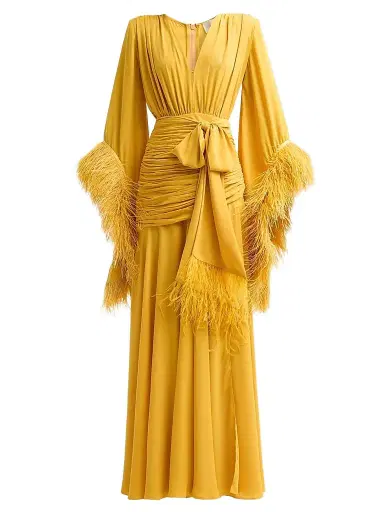 Bronx and Banco Women's Geisha Ruched Feather-Trimmed Maxi Dress - Mustard | Thumbnail 1