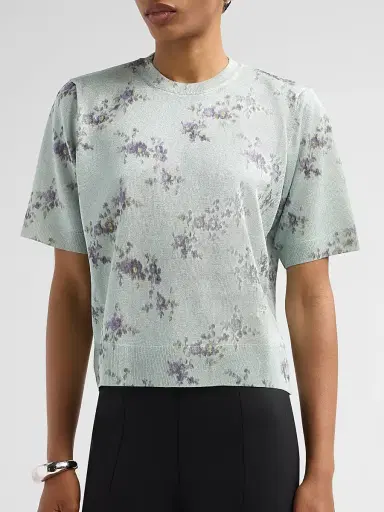 Ganni Women's Floral Metallic T-Shirt - Iced Aqua | Thumbnail 5