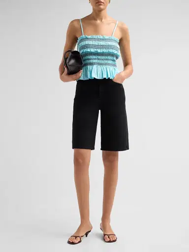 Ganni Women's Check Cotton Smocked Tie-Strap Top - Blue Curacao | Thumbnail 2
