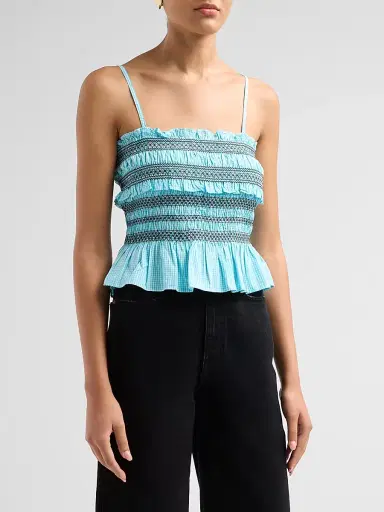 Ganni Women's Check Cotton Smocked Tie-Strap Top - Blue Curacao | Thumbnail 4