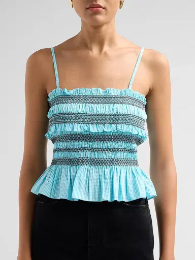 Ganni Women's Check Cotton Smocked Tie-Strap Top - Blue Curacao | Thumbnail 5