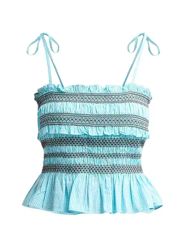 Ganni Women's Check Cotton Smocked Tie-Strap Top - Blue Curacao | Thumbnail 1