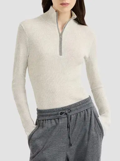 Brunello Cucinelli Women's Virgin Wool and Cashmere Lightweight Ribbed Turtleneck Sweater | Thumbnail 2 Brunello Cucinelli Women's Virgin Wool and Cashmere Lightweight Ribbed Turtleneck Sweater | Thumbnail 2