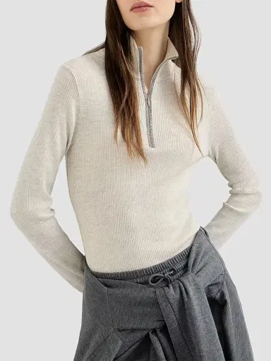 Brunello Cucinelli Women's Virgin Wool and Cashmere Lightweight Ribbed Turtleneck Sweater | Thumbnail 4 Brunello Cucinelli Women's Virgin Wool and Cashmere Lightweight Ribbed Turtleneck Sweater | Thumbnail 4
