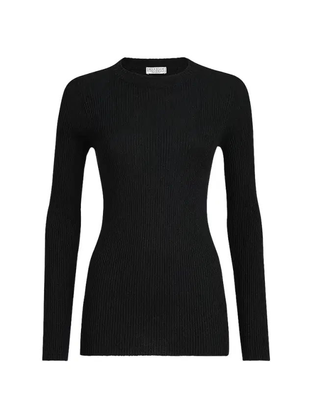 Brunello Cucinelli Women's Sparkling Cashmere and Silk Rib Knit Lightweight Sweater - Black