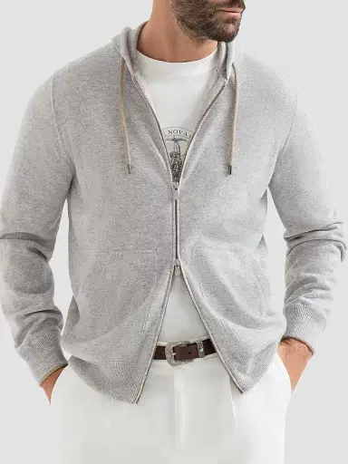 Brunello Cucinelli Men's Cashmere Sweatshirt-Style Cardigan with Hood | Thumbnail 2