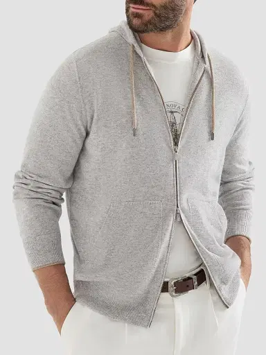 Brunello Cucinelli Men's Cashmere Sweatshirt-Style Cardigan with Hood | Thumbnail 4