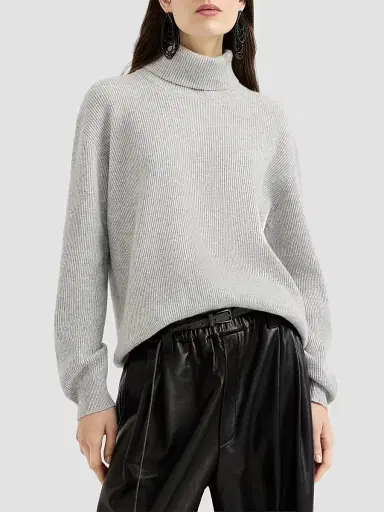 Brunello Cucinelli Women's Cashmere English Rib Turtleneck Sweater with Monili | Thumbnail 2 Brunello Cucinelli Women's Cashmere English Rib Turtleneck Sweater with Monili | Thumbnail 2