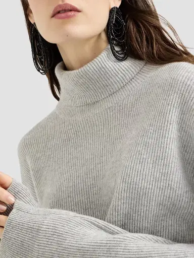 Brunello Cucinelli Women's Cashmere English Rib Turtleneck Sweater with Monili | Thumbnail 4 Brunello Cucinelli Women's Cashmere English Rib Turtleneck Sweater with Monili | Thumbnail 4