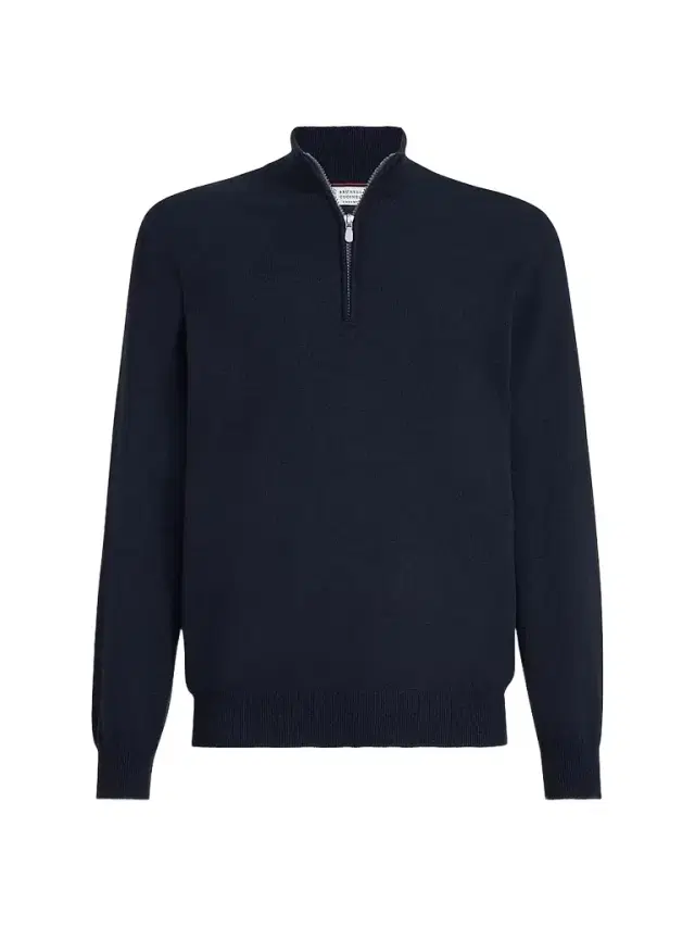 Brunello Cucinelli Men's Cashmere Sweater with Half Zip - Navy Blue