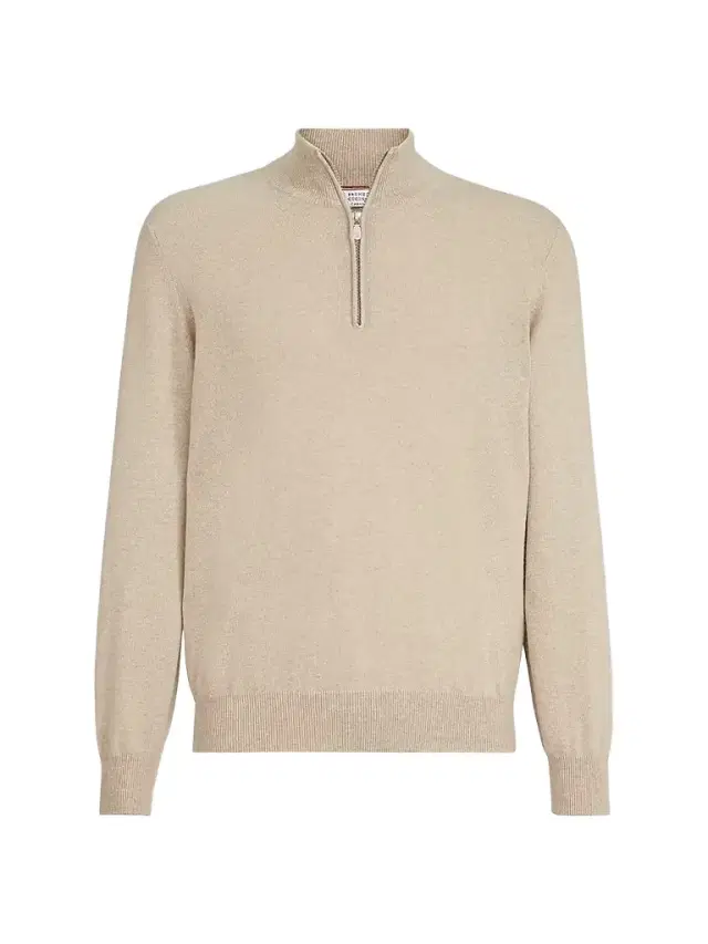 Brunello Cucinelli Men's Cashmere Sweater with Half Zip - Light Brown