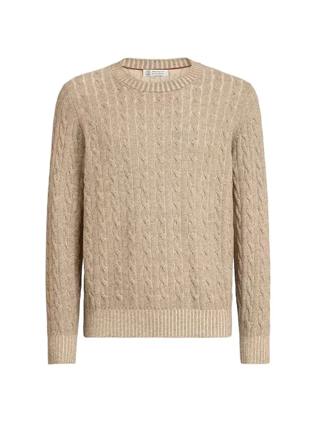 Brunello Cucinelli Men's Cashmere Vanisé Cable Knit Sweater - Brown