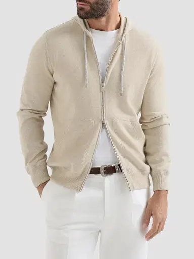 Brunello Cucinelli Men's Cashmere Sweatshirt-Style Cardigan with Hood | Thumbnail 2