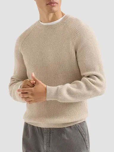 Brunello Cucinelli Men's Cashmere English Rib Sweater with Raglan Sleeves - Sand | Thumbnail 2