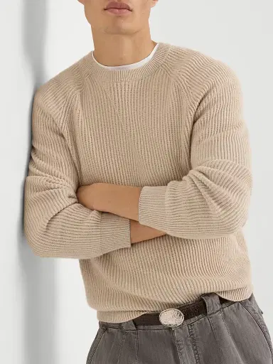 Brunello Cucinelli Men's Cashmere English Rib Sweater with Raglan Sleeves - Sand | Thumbnail 5