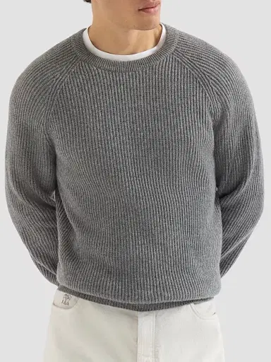 Brunello Cucinelli Men's Cashmere English Rib Sweater with Raglan Sleeves - Dark Grey | Thumbnail 2