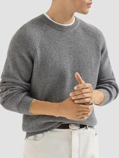 Brunello Cucinelli Men's Cashmere English Rib Sweater with Raglan Sleeves - Dark Grey | Thumbnail 3