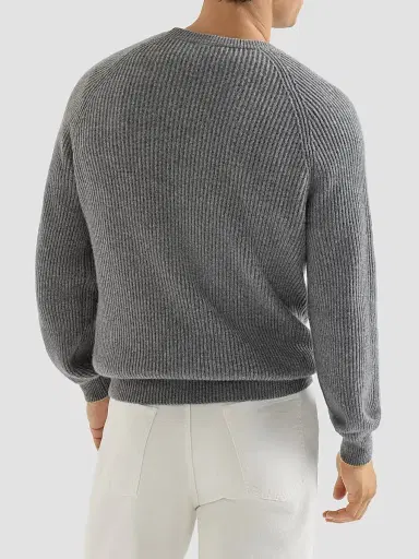 Brunello Cucinelli Men's Cashmere English Rib Sweater with Raglan Sleeves - Dark Grey | Thumbnail 4