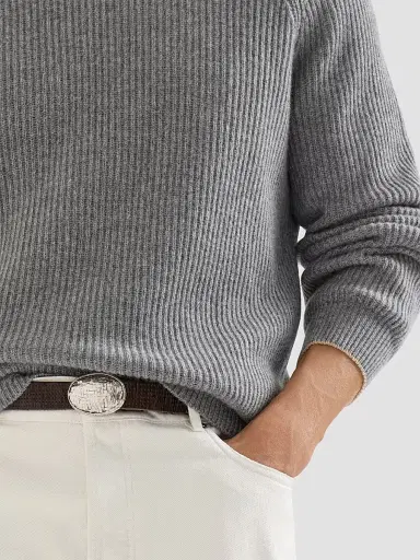 Brunello Cucinelli Men's Cashmere English Rib Sweater with Raglan Sleeves - Dark Grey | Thumbnail 5