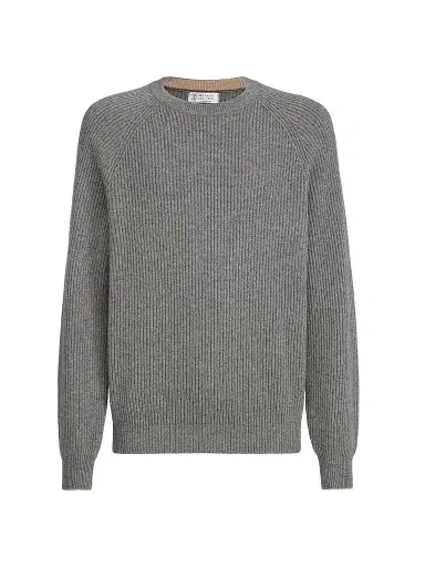 Brunello Cucinelli Men's Cashmere English Rib Sweater with Raglan Sleeves - Dark Grey | Thumbnail 1