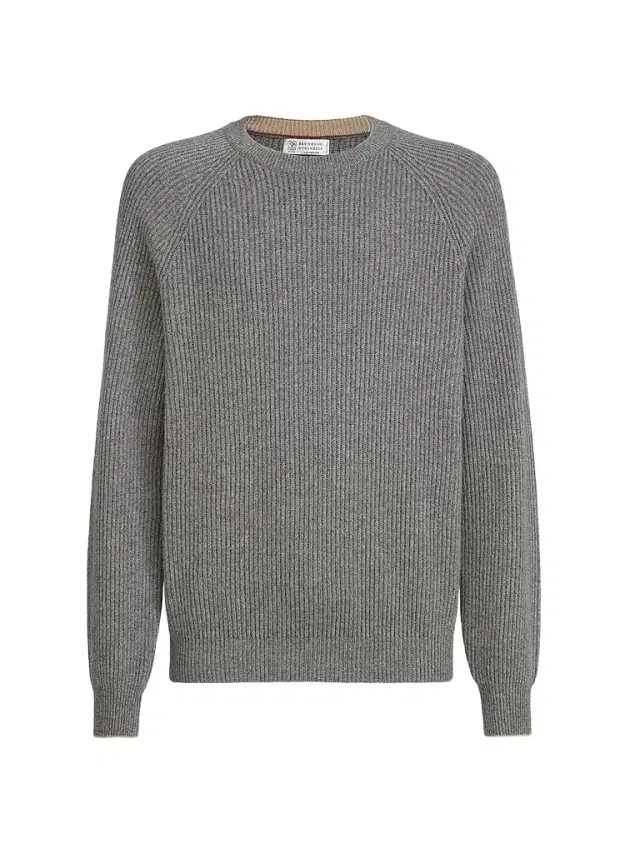 Brunello Cucinelli Men's Cashmere English Rib Sweater with Raglan Sleeves - Dark Grey