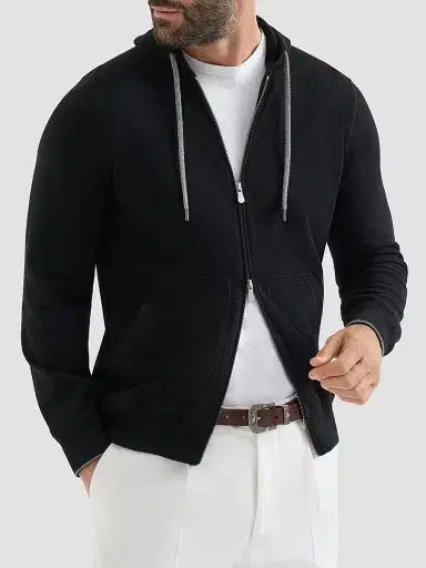 Brunello Cucinelli Men's Cashmere Sweatshirt-Style Cardigan with Hood | Thumbnail 2