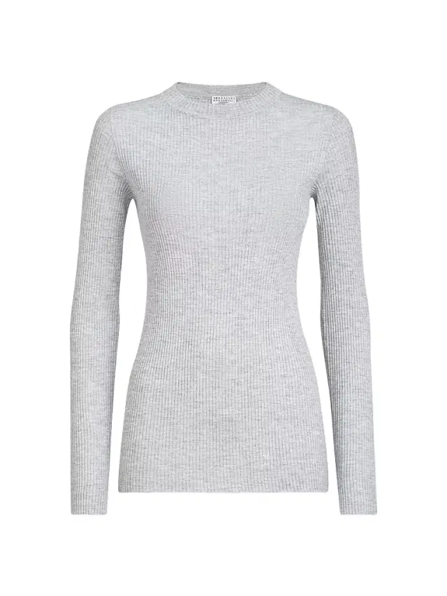Brunello Cucinelli Women's Sparkling Cashmere and Silk Rib Knit Lightweight Sweater - Light Grey