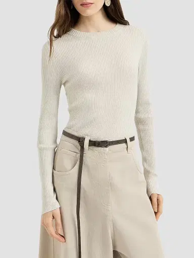 Brunello Cucinelli Women's Sparkling Cashmere and Silk Rib Knit Lightweight Sweater | Thumbnail 2