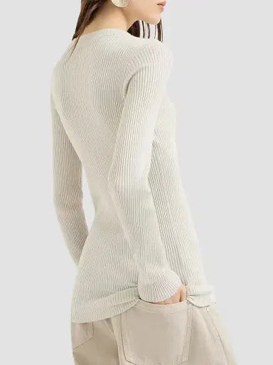Brunello Cucinelli Women's Sparkling Cashmere and Silk Rib Knit Lightweight Sweater | Thumbnail 3