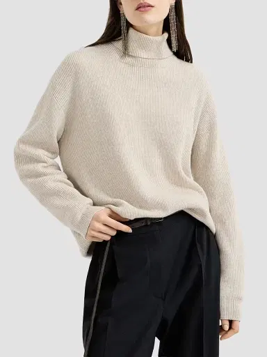 Brunello Cucinelli Women's Cashmere English Rib Turtleneck Sweater with Monili | Thumbnail 2
