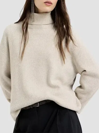 Brunello Cucinelli Women's Cashmere English Rib Turtleneck Sweater with Monili | Thumbnail 4