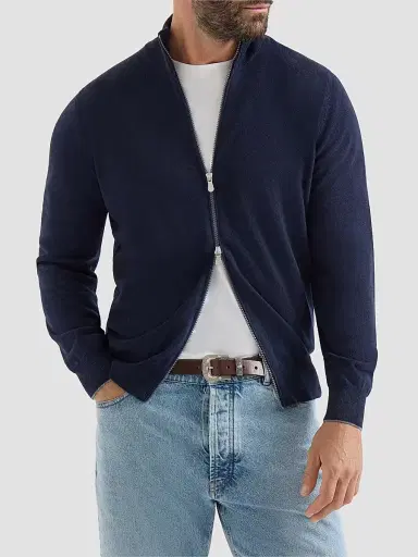 Brunello Cucinelli Men's Cashmere High-Neck Cardigan with Zipper - Navy Blue - Size 48 | Thumbnail 2 Brunello Cucinelli Men's Cashmere High-Neck Cardigan with Zipper - Navy Blue - Size 48 | Thumbnail 2