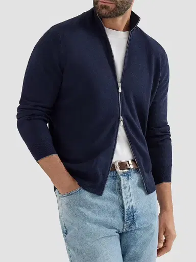 Brunello Cucinelli Men's Cashmere High-Neck Cardigan with Zipper - Navy Blue - Size 48 | Thumbnail 4 Brunello Cucinelli Men's Cashmere High-Neck Cardigan with Zipper - Navy Blue - Size 48 | Thumbnail 4