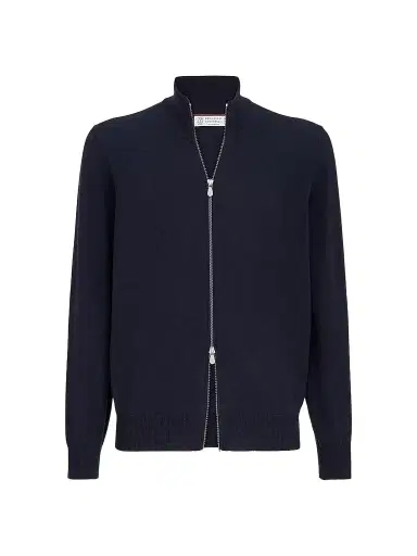 Brunello Cucinelli Men's Cashmere High-Neck Cardigan with Zipper - Navy Blue - Size 48 | Thumbnail 1 Brunello Cucinelli Men's Cashmere High-Neck Cardigan with Zipper - Navy Blue - Size 48 | Thumbnail 1