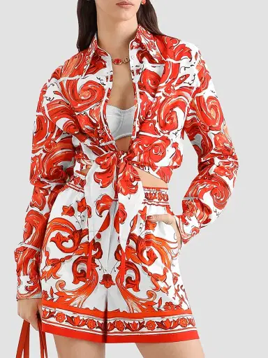 Dolce & Gabbana Women's Maiolica Cotton Poplin Long-Sleeve Crop Shirt - Variante Abbinata - Size 8 | Thumbnail 4