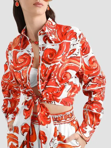 Dolce & Gabbana Women's Maiolica Cotton Poplin Long-Sleeve Crop Shirt - Variante Abbinata - Size 8 | Thumbnail 5