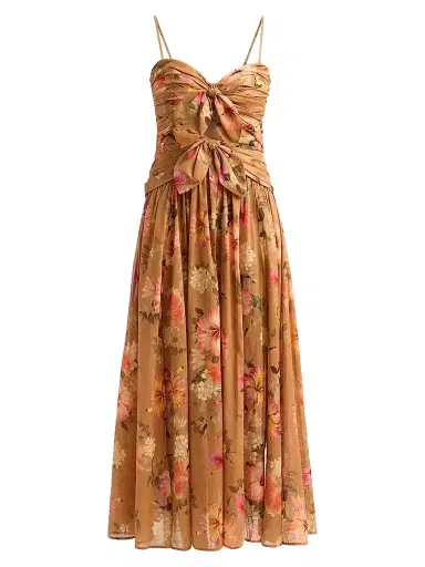 Zimmermann Women's Mahon Floral Tie-Front Midi Dress - Tan Hibiscus - Size 8 | Thumbnail 1 Zimmermann Women's Mahon Floral Tie-Front Midi Dress - Tan Hibiscus - Size 8 | Thumbnail 1